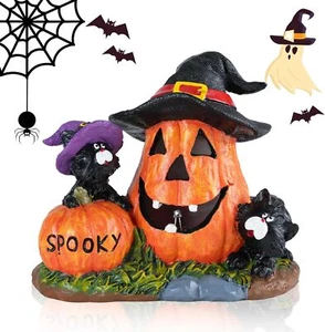 Halloween Jack O Lanterns Ghost Night Light Resin Pumpkin and Black Cat - Picture 1 of 7