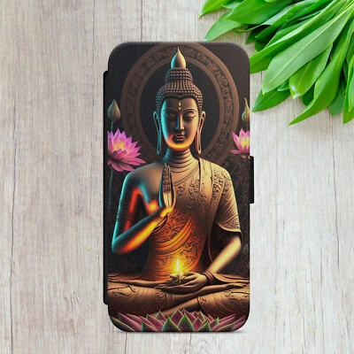 FLIP CASE FOR IPHONE SAMSUNG GOOGLE BUDDHA LOTUS CANDLE GIFT WALLET PHONE COVER - Image 1 of 4