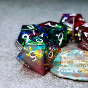 Sage's Enchanted Crystals Red/Green Sharp Edge Silver Ink Resin Dice Set - Picture 1 of 9