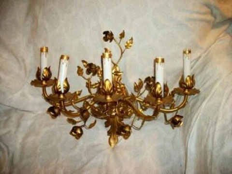 ITALIAN TOLE ROSES LUSH GOLD 5 LIGHT SCONCE LAMP MID CENTURY ITALY STUNNING Cover