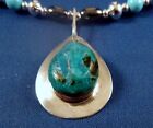 NAVAJO Sterling Silver & Chrysocolla PENDANT SIGNED SR w 18' beaded necklace