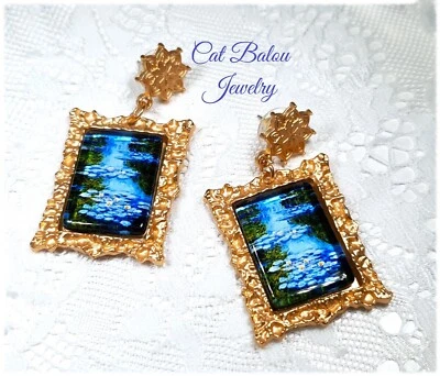 Vintage Ohrringe Seerosen im Teich im Gold Rahmen CatBalouJewelry - Bild 1 von 4