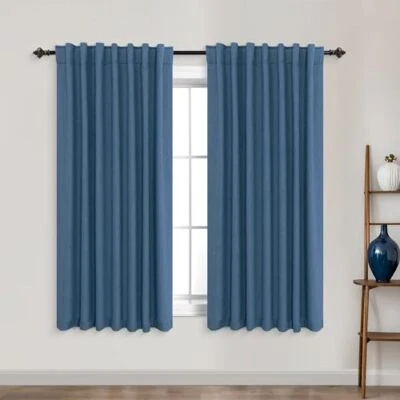  Inches Long Back Tab Linen Blackout Curtains for Living Room 52x45 Denim Blue - Image 1 of 4