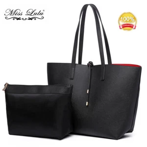 Black Ladies Large Tote Handbag Reversible 2 In 1 Shoulder Bags Hobo Bag - Picture 1 of 8