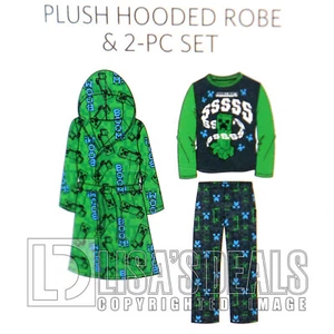 New Boys Minecraft Plush Hooded Fleece ROBE & Pajama Set Top & Pant Green 6 8 - Picture 1 of 5