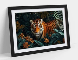 FOLK ART OF TIGER IN A JUNGLE 1 EXOTIC -FRAMED WALL ART POSTER PAPER PRINT - Picture 1 of 10