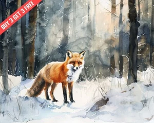 Red Fox in Snowy Forest Watercolor 8x10 Print - Picture 1 of 1