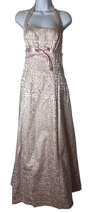 VTG Halter Jacquard Babydoll Regency Coquette Pink Gold Sparkle Long Prom Dress - Picture 1 of 10