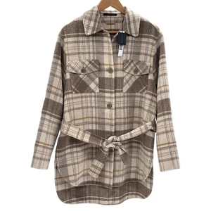 Elie Tahari Jacket Blanket Women Medium/Large Plaid Brown Beige Wool Blend New - Picture 1 of 12