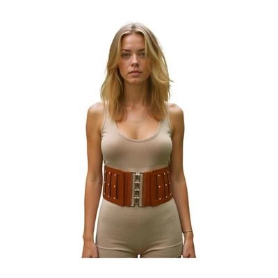 Mujeres Marrón Cintura Elástica Ancho Cómodo Cinturón Plateado Metal Hebilla Talla S M Foto 1 de 4