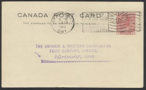 1917 Brantford ONT Win the War Flag Cancel, Type 25-1, On #P69 2c Admiral PSC Cover