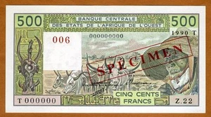 SPECIMEN West African States, Togo, 500 Francs, 1990 P-806Ts UNC - Picture 1 of 2