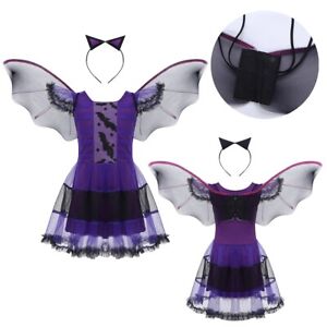 Fasching Kostüm Kinder Mädchen Karneval Fledermaus Kleid mit Flügeln & Haarreif