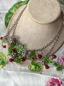 WHIMSICAL RESIN PEARLIZED GREEN CHRISTMAS TREES BELLS RHINESTONE CHARMS NECKLACE - Picture 1 of 12