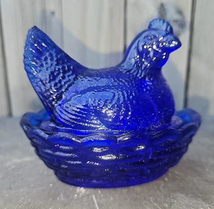Hen Chicken Cobalt Glass Blue Salt Cellar Trinket Covered On Basket Nest 3 1/2 " - Picture 1 of 11