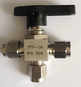 Three Way Stainless Steel Panel Mount Ball Valve for Chromatography, 6 mm OD  - Picture 1 of 2