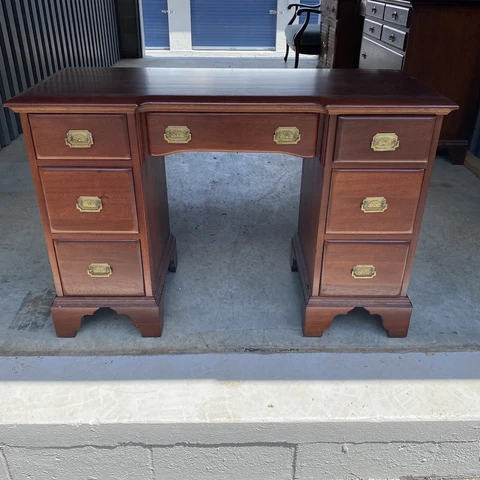 Vintage Antique Wood Two Pillar Kneehole Desk dovetail drawers Cover