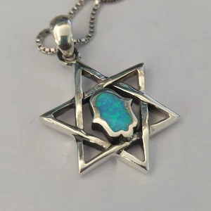 Men's Star of David Hamsa Necklace Opal Platinum Plated Sterling Modernist Gift - Picture 1 of 20