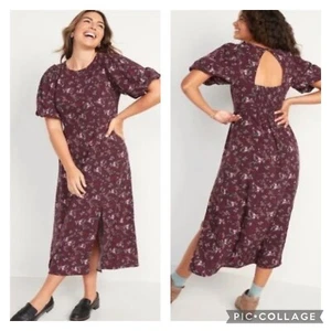 Old Navy women's Size 4X Floral Midi Dress Puffy Sleeves Burgundy ditsy smocked - Picture 1 of 8