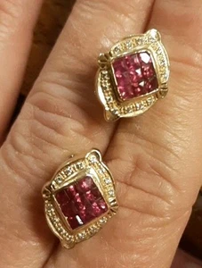 Vintage 14k Gold Joshua Genuine Ruby And Diamond Omega Back Earrings - Picture 1 of 5