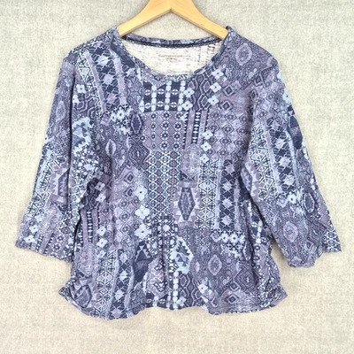 Coldwater Creek Shirt Womens Petite Large Blue 3/4 Ruched Bandana Patchwork Boho - Image 1 of 4