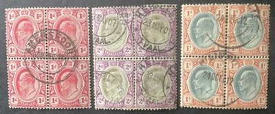 Transvaal Sudáfrica 1904-09 3 x bloques de 4 x sellos con cancelaciones transparentes Foto 1 de 2