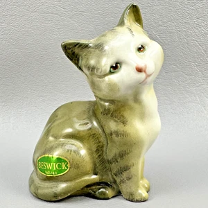Beswick England Katzenfigur grau sitzendes Kätzchen blau Augen Original Aufkleber Vintage - Bild 1 von 12