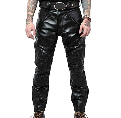 Pantalones de motociclista de cuero acolchados negros para hombre Pantalones occidentales de cuero suave real Foto 1 de 4