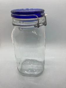 Cobalt & Clear Glass Bormioli Rocco Fido Food Jar w/ Metal Clamp, Rubber Gasket - Picture 1 of 7