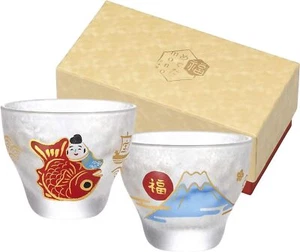 Pair Sake Glass Mr. Fuji Red TAI Fish Sea Bream Lucky Traditional Made in Japan - Picture 1 of 6