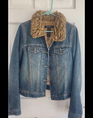 Chaqueta de mezclilla forrada de piel sintética Y2K Abercrombie & Fitch grande años 90 para mujer occidental Foto 1 de 4