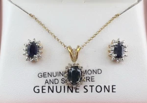 Diamant Saphir Halskette Ohrringe Set .925 Sterling Silber 18kt Gold Overlay - Bild 1 von 11