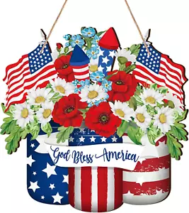 4Th of July Decorations Patriotic Door Sign Wooden Memorial Day Wreath Red White - Picture 1 of 12