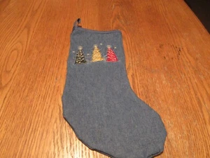 Medium Handcrafted Denim Christmas Stocking w Christmas appliques - Picture 1 of 5