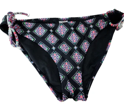 Parte inferior de bikini Hula Honey para mujer con corbata lateral estampado azteca hipster, negro/rosa, M Foto 1 de 4