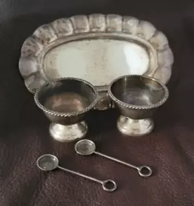 Set cantine di sale vintage sterling con cucchiai su vassoio da 5 pollici firmato Messico MC 45 - Foto 1 di 12
