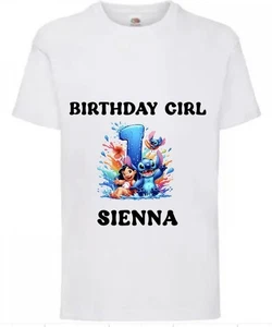 Girls Personalised Birthday T-shirts With Stitch Design (Age 1 to 9) - Picture 1 of 9