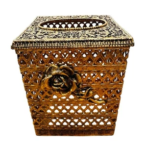 Vintage Hollywood Regency Gold Tone Filigree Square Tissue Box Holder 5 3/4” - Picture 1 of 5