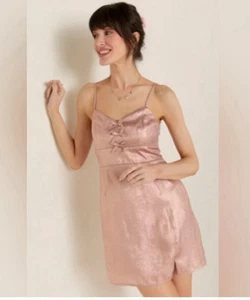 Francesca's Neu mit Etikett Matilda Bronze Schleife vorne Minikleid - rosa - Größe Small - Bild 1 von 4