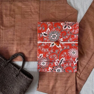 Kimono Silk Tsumugi Lined Terracotta Stripe Slim Authentic Traditional - image 1 of 4