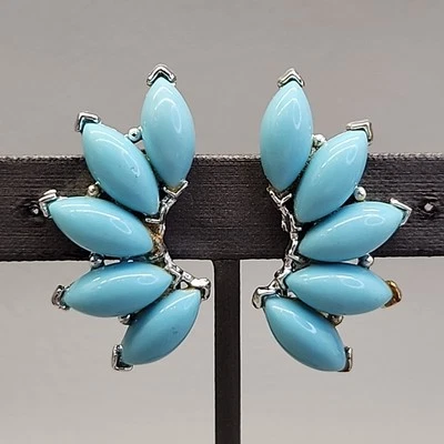 Vintage Star Clip On Earrings Marquise Blue Climber Silver Tone 1.5" - Image 1 of 4