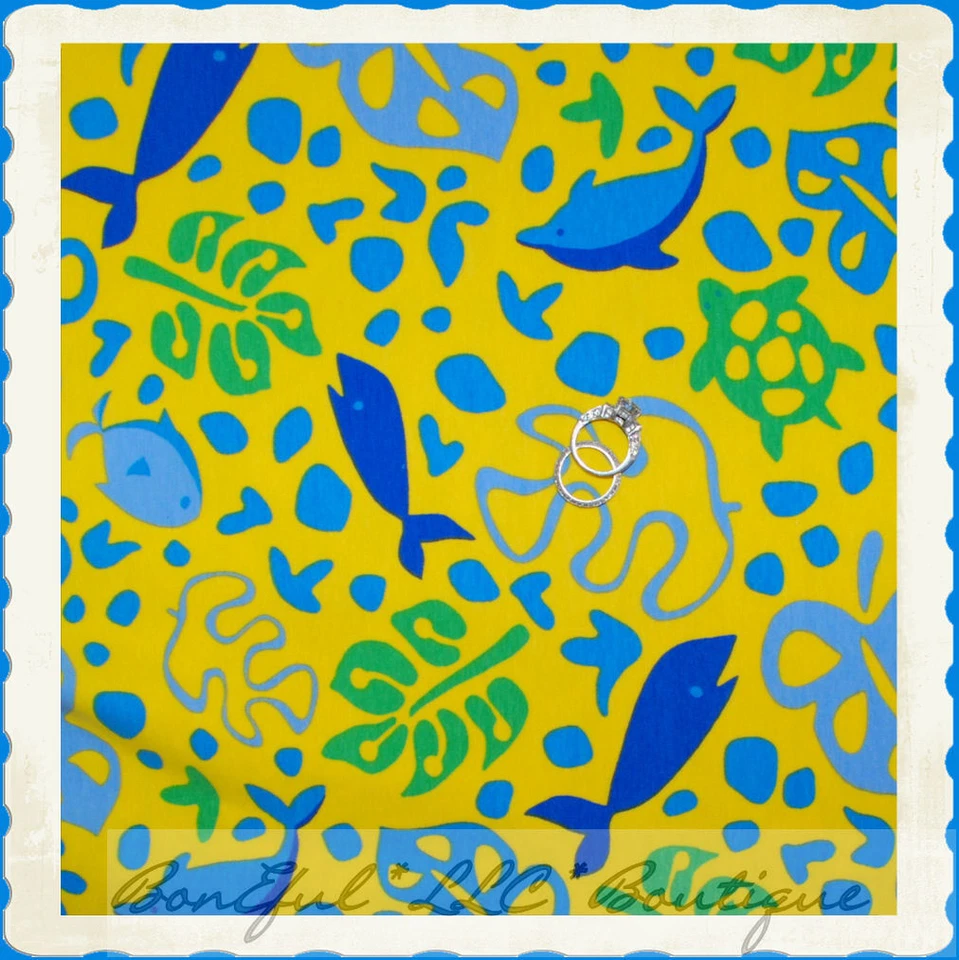 BonEful Fabric FQ Cotton KNIT Yellow Blue Sea Beach Fish Dolphin SeaTurtle FL CA - Image 1 of 4