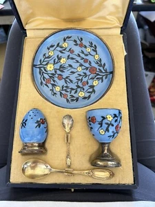 Limoges France Porzellan & Cloisonné Ei Toast Teller Service mit Löffeln 20er Jahre RAR - Bild 1 von 14