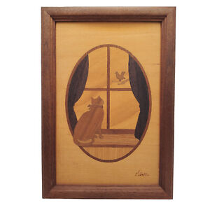 Vtg Handmade Hudson River Inlay Marquetry Wood Art Cat in Window Signed Nelson