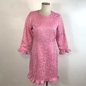 Julie Brown Pink Floral Damask Dress Size 8 Ruffle Trim Sheath - Picture 1 of 9