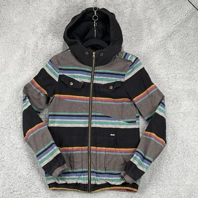 VOLCOM Enemy Lines Jacket Womens XS Striped Full Zip Hood Pockets Snaps - Image 1 of 4