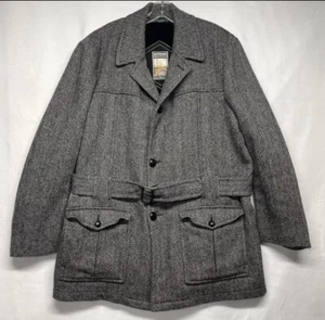 Vintage Mighty Mac Wool Coat Men’s 44 L Herringbone Tweed Faux Fur Lined - Picture 1 of 6