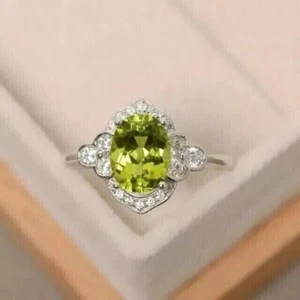 2 Ct Oval Cut Lab -Created Peridot Engagement Women's Ring 14K White Gold Plated - Picture 1 of 4
