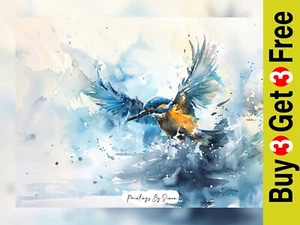 Captivating Dynamic Kingfisher, Watercolor Painting Print 5"x7" on Matte Paper - Picture 1 of 7