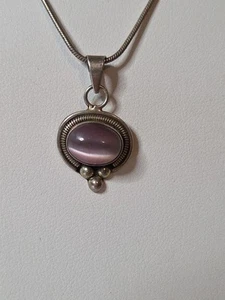 Vintage ATI Mexico 925 Sterling Silver Pendant Purple Cats Eye 925 Chain 16" - Picture 1 of 9